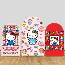 JY1119  Pixel Art Hello Kitty with Cupcakes & Donuts Arch Backdrop Cover, Elastic Fabric Background for Retro Themed Birthday Party