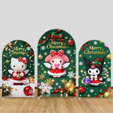 JY1125  Hello Kitty, My Melody & Kuromi Christmas Arch Backdrop Cover, Elastic Fabric Background for Holiday & Festive Party