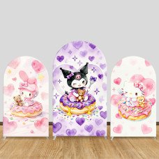 JY1127  Sanrio Characters Donut Party Arch Backdrop Cover, Elastic Fabric Background for Kids Birthday & Sweet Themed Party