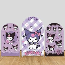 JY1133 Kuromi Plaid & Heart Arch Backdrop Cover, Elastic Fabric Background for Girls Birthday & Gothic Kawaii Party