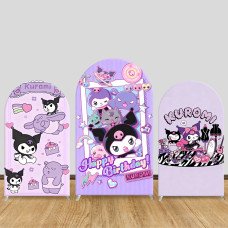 JY1140 Kuromi Happy Birthday Arch Backdrop Cover, Elastic Fabric Background for Girls Birthday & Kawaii Party