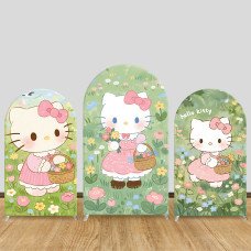 JY1155 Hello Kitty Green Meadow Arch Backdrop Cover, Elastic Fabric Background for Spring & Floral Themed Party