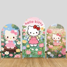 JY1157 Hello Kitty Spring Garden Arch Backdrop Cover, Elastic Fabric Background for Kids Birthday & Floral Themed Party
