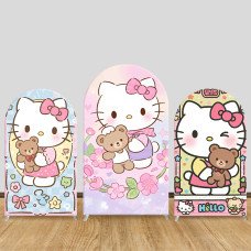 JY1158 Hello Kitty with Teddy Bear Arch Backdrop Cover, Elastic Fabric Background for Cute & Cozy Themed Party