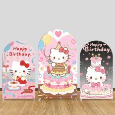JY1160 Hello Kitty Happy Birthday Cake Arch Backdrop Cover, Elastic Fabric Background for Girls Birthday & Festive Party
