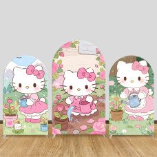 JY1164 Hello Kitty Gardening Time Arch Backdrop Cover, Elastic Fabric Background for Spring & Floral Themed Party