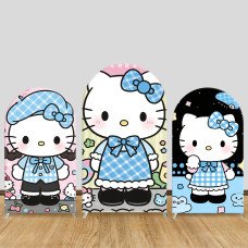 JY1176  Blue Plaid School Style Hello Kitty Arch Backdrop Cover, Elastic Fabric Background for Girls Birthday & Cute Themed Party