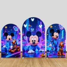 JY1195  Cyberpunk Mickey Mouse Arch Backdrop Cover, Elastic Fabric Background for Sci-Fi & Neon Themed Party