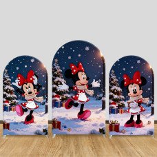 JY1201 Minnie Mouse Christmas Snow Scene Arch Backdrop Cover, Elastic Fabric Background for Holiday & Kids Party