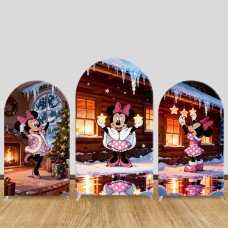 JY1204 Minnie Mouse Log Cabin Christmas Arch Backdrop Cover, Elastic Fabric Background for Winter & Festive Party