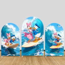 JY1211 Donald & Daisy Duck Surfing Couple Arch Backdrop Cover, Elastic Fabric Background for Summer & Beach Party
