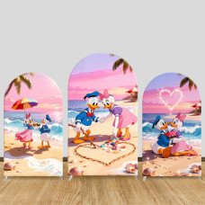 JY1212 Donald & Daisy Duck Romantic Beach Arch Backdrop Cover, Elastic Fabric Background for Summer & Couple Themed Party