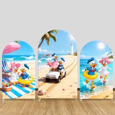 JY1213 Donald & Daisy Duck Fun Beach Day Arch Backdrop Cover, Elastic Fabric Background for Summer & Kids Party