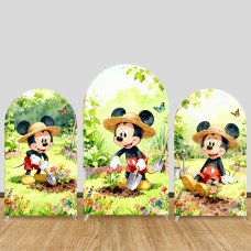 JY1216 Gardener Mickey Mouse Arch Backdrop Cover, Elastic Fabric Background for Spring & Garden Themed Party