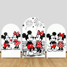 JY1224  Sketch Style Mickey & Minnie Couple Arch Backdrop Cover, Elastic Fabric Background for Cute & Romantic Themed Party