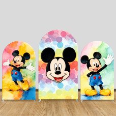 JY1226  Watercolor Rainbow Mickey Mouse Arch Backdrop Cover, Elastic Fabric Background for Kids Birthday & Colorful Themed Party