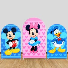 JY1227  Blue & Pink Mickey, Minnie & Donald Duck Arch Backdrop Cover, Elastic Fabric Background for Cute & Disney Themed Party