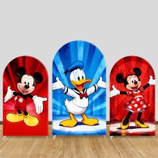 JY1228  Red & Blue Mickey, Minnie & Donald Duck Arch Backdrop Cover, Elastic Fabric Background for Kids & Festive Party