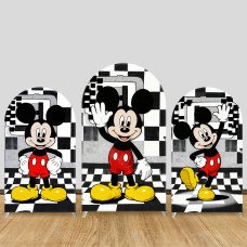 JY1237  Black & White Checkerboard Mickey Mouse Arch Backdrop Cover, Elastic Fabric Background for Modern & Themed Party
