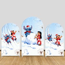 JY1252 Winter Sledding Stitch & Lilo Arch Backdrop Cover, Elastic Fabric Background for Snow & Adventure Themed Party