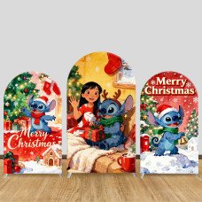JY1258 Cozy Christmas Stitch & Lilo Arch Backdrop Cover, Elastic Fabric Background for Holiday & Family Themed Party