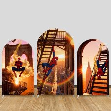 JY1273 Sunset City Spider-Man Arch Backdrop Cover, Elastic Fabric Background for Superhero & Adventure Themed Party