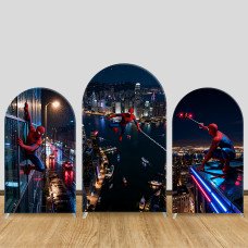 JY1275 Rainy Night City Spider-Man Arch Backdrop Cover, Elastic Fabric Background for Superhero & Urban Themed Party