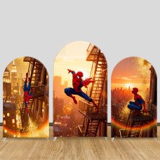 JY1276 Sunset City Spider-Man Arch Backdrop Cover, Elastic Fabric Background for Superhero & Warm Themed Party