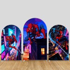 JY1277 Neon City Spider-Man Arch Backdrop Cover, Elastic Fabric Background for Superhero & Vibrant Themed Party