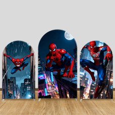 JY1283 Rainy Night City Spider-Man Arch Backdrop Cover, Elastic Fabric Background for Superhero & Urban Themed Party