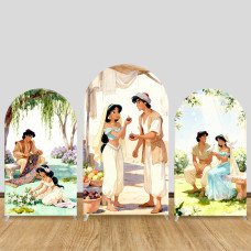JY1288 Watercolor Aladdin & Jasmine Arch Backdrop Cover, Elastic Fabric Background for Fairy Tale & Artistic Themed Party