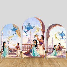 JY1291 Watercolor Genie Aladdin & Jasmine Arch Backdrop Cover, Elastic Fabric Background for Fairy Tale & Artistic Themed Party