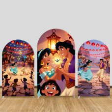 JY1298 Market Lanterns Aladdin & Jasmine Arch Backdrop Cover, Elastic Fabric Background for Fairy Tale & Warm Themed Party