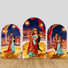 JY1299 Red Satin Palace Style Aladdin & Jasmine Arch Backdrop Cover, Elastic Fabric Background for Fairy Tale & Elegant Themed Party