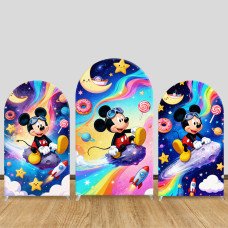 JY1302 Space Adventure Mickey Mouse Arch Backdrop Cover, Elastic Fabric Background for Kids & Cosmic Themed Party