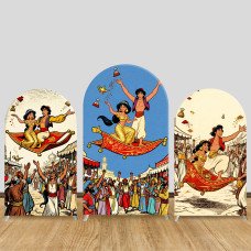 JY1323 Celebration Magic Carpet Aladdin & Jasmine Arch Backdrop Cover, Elastic Fabric Background for Fairy Tale & Festive Themed Party