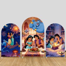 JY1325 Magic Dinner Aladdin & Jasmine Arch Backdrop Cover, Elastic Fabric Background for Fairy Tale & Banquet Themed Party