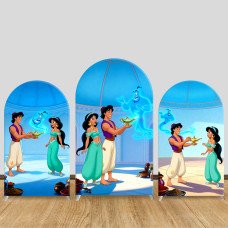 JY1326 Genie Lamp Wishes Aladdin & Jasmine Arch Backdrop Cover, Elastic Fabric Background for Fairy Tale & Magical Themed Party