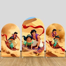 JY1327 Desert Magic Carpet Aladdin & Jasmine Arch Backdrop Cover, Elastic Fabric Background for Fairy Tale & Adventure Themed Party