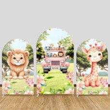 JY1331 Pink Cartoon Safari Animals Arch Backdrop Cover, Elastic Fabric Background for Kids & Cute Themed Party