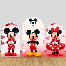 JY1337 Pink & White Polka Dot Mickey & Minnie Arch Backdrop Cover, Elastic Fabric Background for Kids & Cute Themed Party
