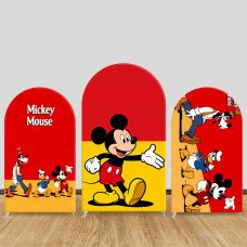 JY1338 Red & Yellow Classic Mickey & Friends Arch Backdrop Cover, Elastic Fabric Background for Kids & Nostalgic Themed Party