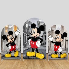 JY1339 Vintage City Mickey Mouse Arch Backdrop Cover, Elastic Fabric Background for Kids & Retro Themed Party