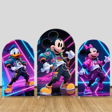 JY1341 Neon Cool Mickey, Minnie & Donald Duck Arch Backdrop Cover, Elastic Fabric Background for Kids & Modern Themed Party