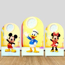 JY1342 Cartoon Mickey, Minnie & Donald Duck Arch Backdrop Cover, Elastic Fabric Background for Kids & Cute Themed Party