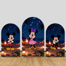 JY1347 Beach Camping Mickey & Minnie Arch Backdrop Cover, Elastic Fabric Background for Kids & Summer Themed Party