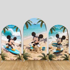 JY1349 Summer Beach Mickey Arch Backdrop Cover, Elastic Fabric Background for Kids & Ocean Themed Party