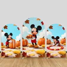JY1355 Autumn Harvest Mickey Mouse Arch Backdrop Cover, Elastic Fabric Background for Thanksgiving & Fall Themed Party