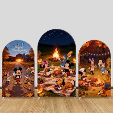 JY1356 Thanksgiving Picnic Mickey & Friends Arch Backdrop Cover, Elastic Fabric Background for Holiday & Family Themed Party