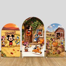 JY1358 Autumn Farm Mickey & Friends Arch Backdrop Cover, Elastic Fabric Background for Thanksgiving & Rustic Themed Party